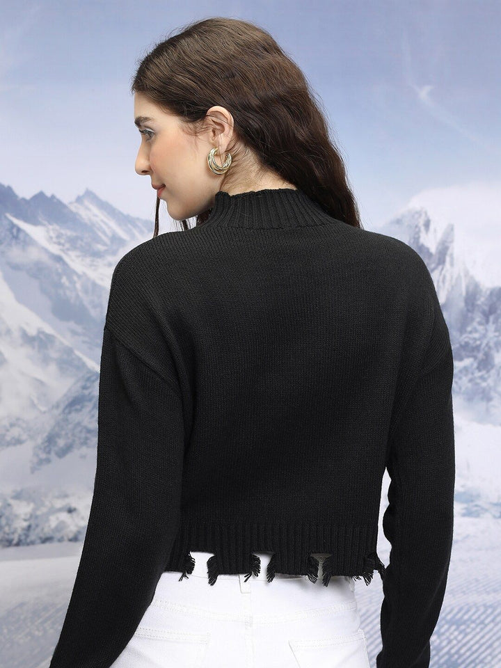 Tokyo Talkies Black Ribbed Turtle Neck Acrylic Pullover Fringed Crop Sweater With Zipper