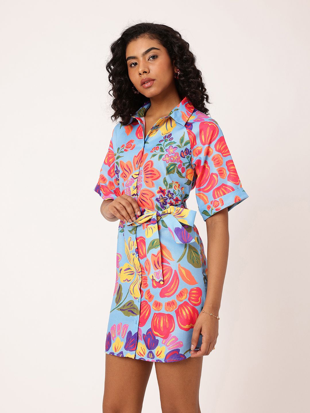 DressBerry Holiday Glam Floral Printed Shirt Style Mini Dress With Waist Tie-Up