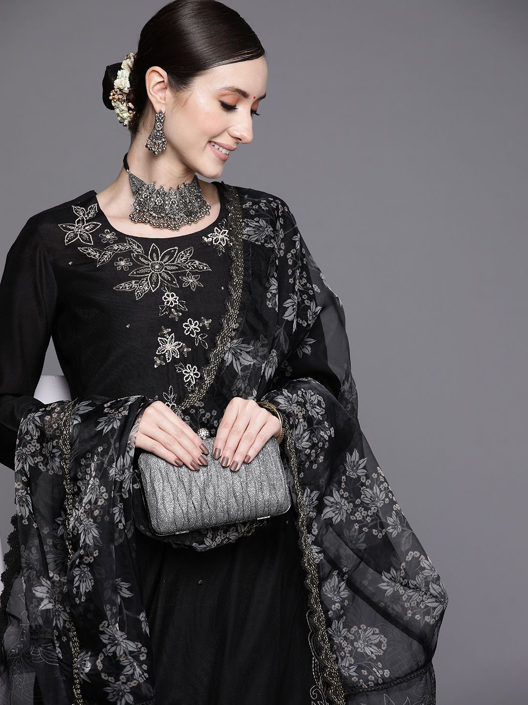 Indo Era Women Black Floral Embroidered Beads Kurta with Trousers & Dupatta