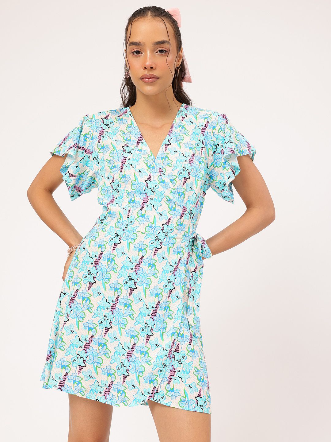 DressBerry Romantic-Ruffles Flutter Sleeves Printed Wrap Mini Dress