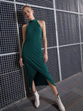 SASSAFRAS Green High Neck Sheath Midi Dress