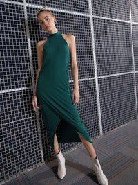 SASSAFRAS Green High Neck Sheath Midi Dress