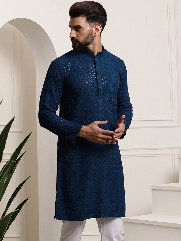 SOJANYA Mandarin Collar Sequins Embellished Pure Cotton Straight Kurta