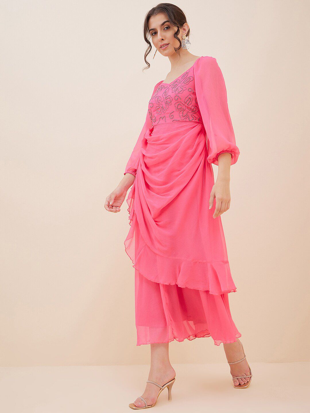 Antheaa Embellished Layered Chiffon Fit and Flare Maxi Dress