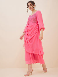 Antheaa Embellished Layered Chiffon Fit and Flare Maxi Dress