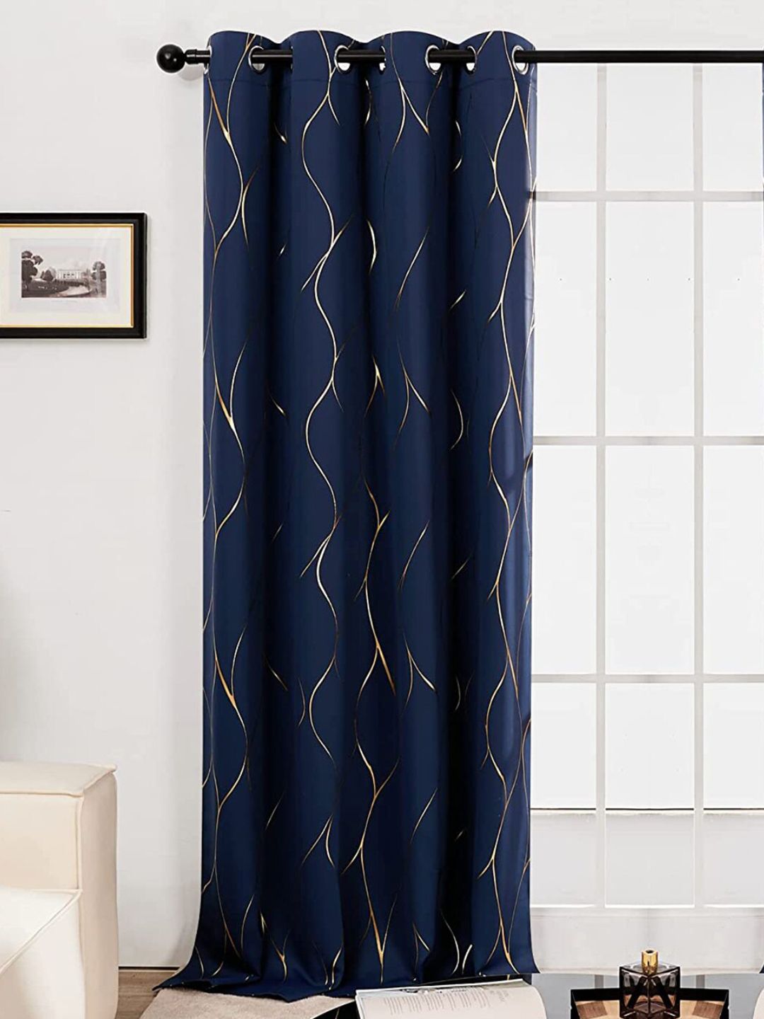 URBAN SPACE Navy Blue & Gold-Toned Printed Black Out Window Curtain