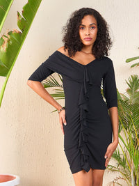 SASSAFRAS One Shoulder Ruffled Bodycon Dress