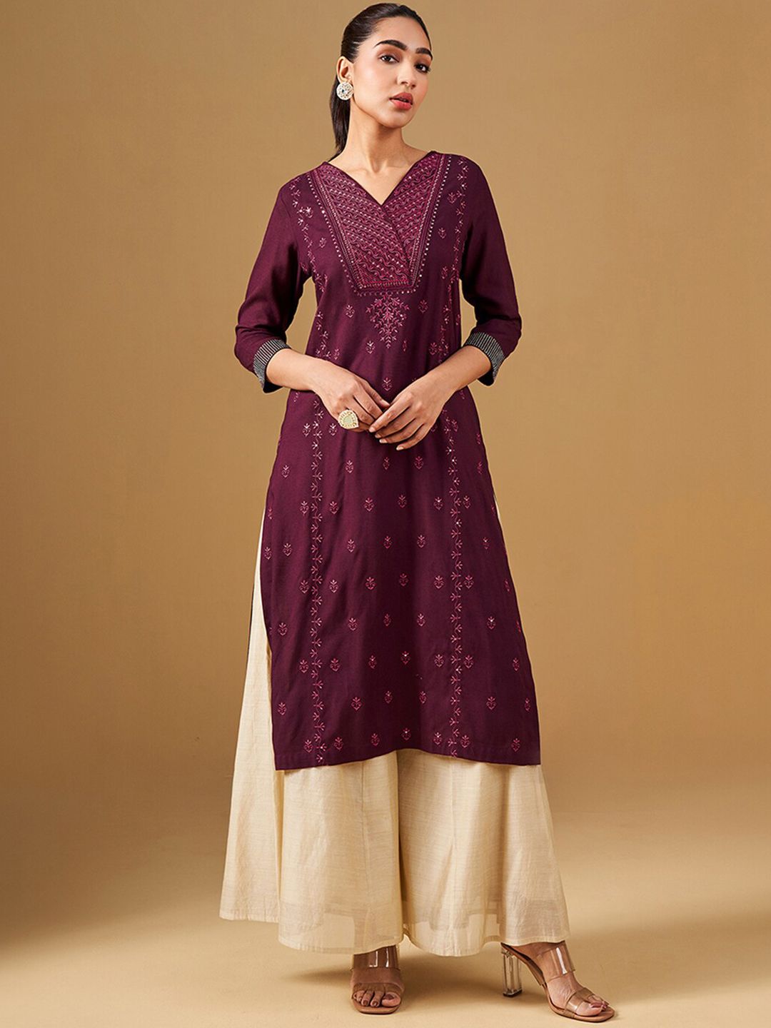 Global Desi Ethnic Motifs Printed V-Neck A-Line Kurta