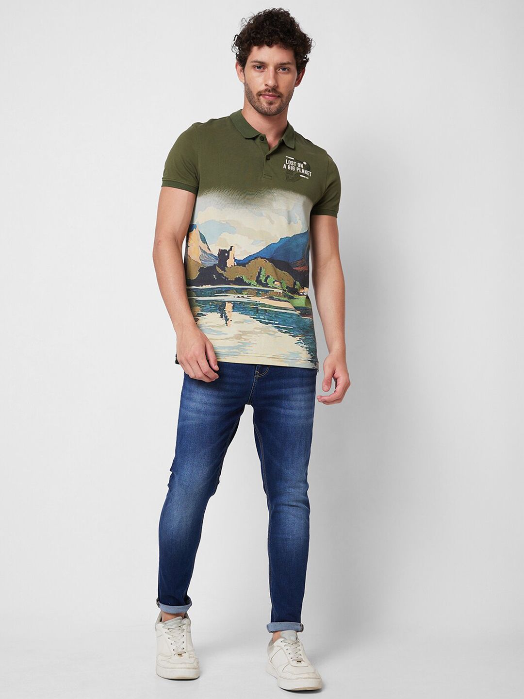 SPYKAR Graphic Printed Polo Collar Cotton Slim Fit T-shirt