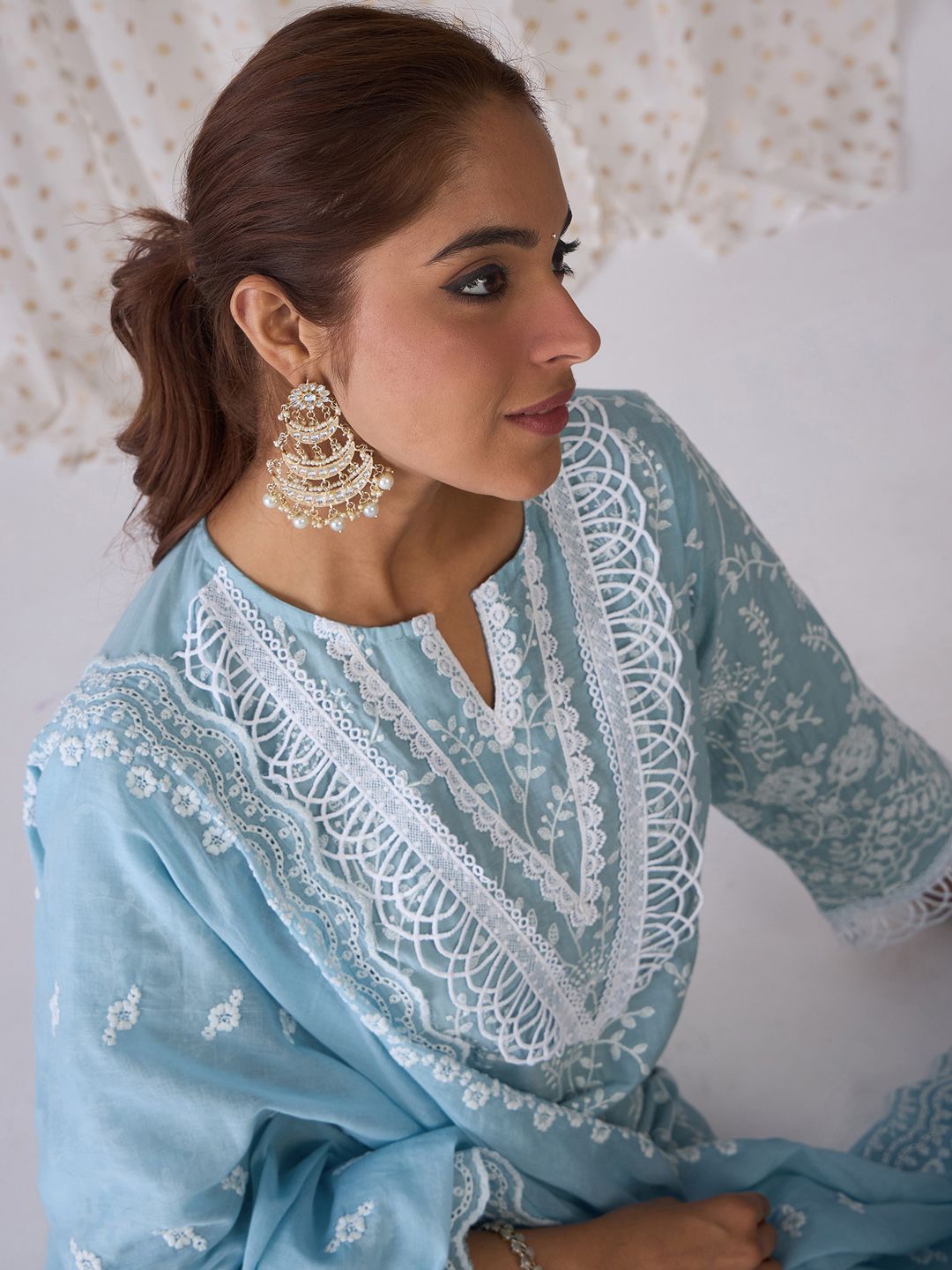 Indo Era Floral Embroidered Regular Thread Work Pure Cotton Kurta with Trousers & Dupatta