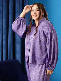 CURVY STREET Plus Size Lavender Comfort Abstract Printed Satin Oversized Casual Shirt