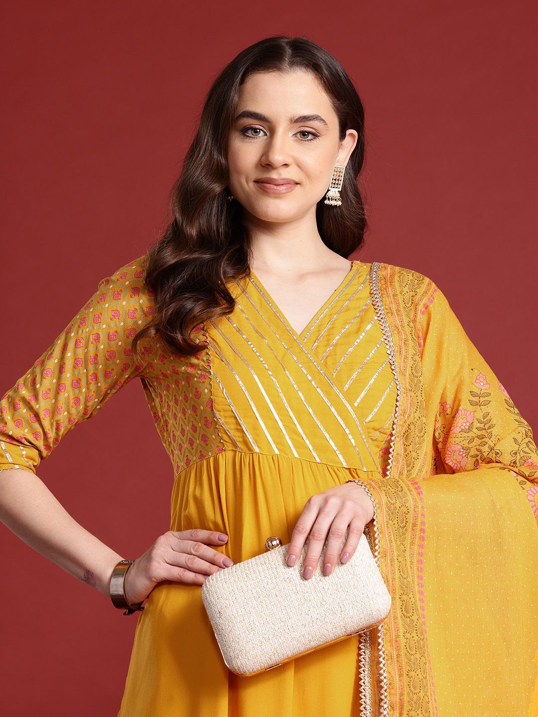 Anouk Women Floral Printed Angrakha Gotta Patti Kurta with Trousers & Dupatta