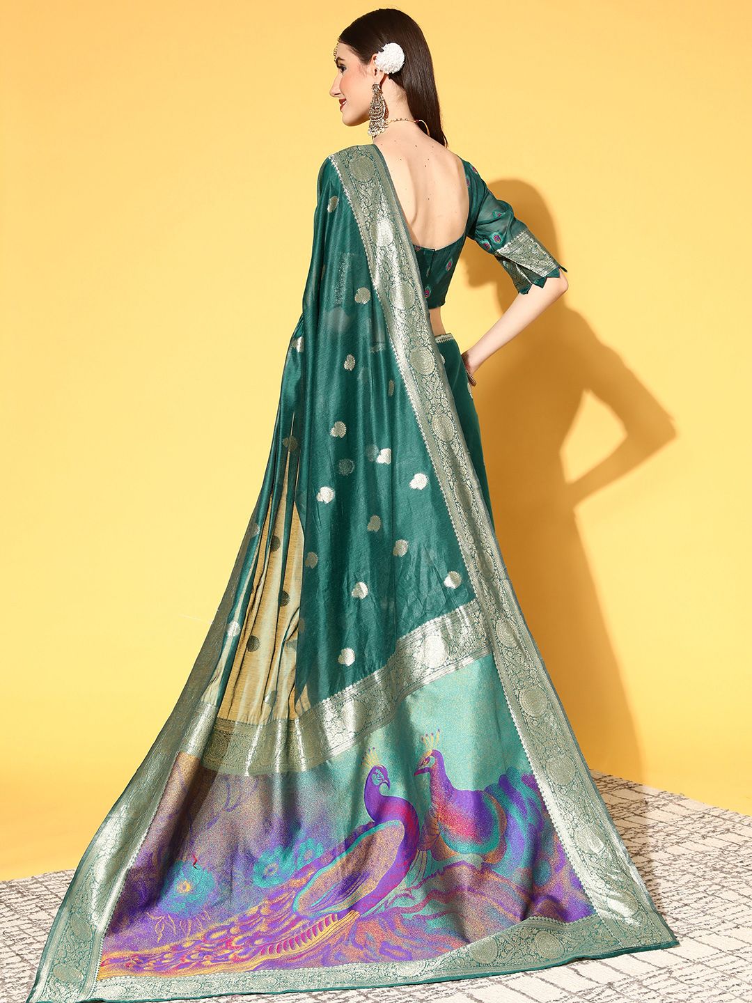 Saree mall Teal Green Ethnic Motifs Silk Blend Sarees