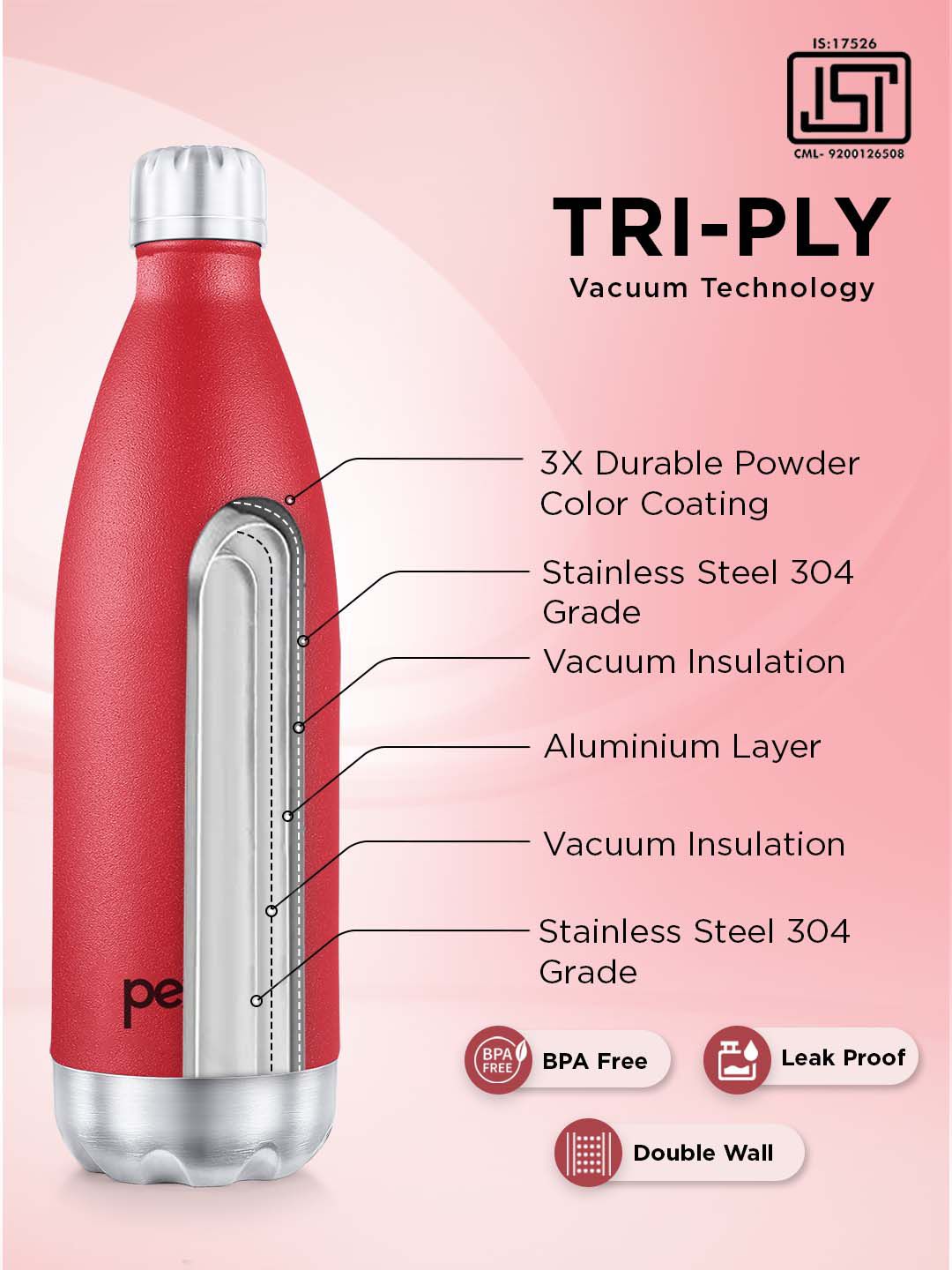 Pexpo Electro Red ISI Certified Thermosteel 24Hrs Hot & Cold Insulated Water Bottle 980ml