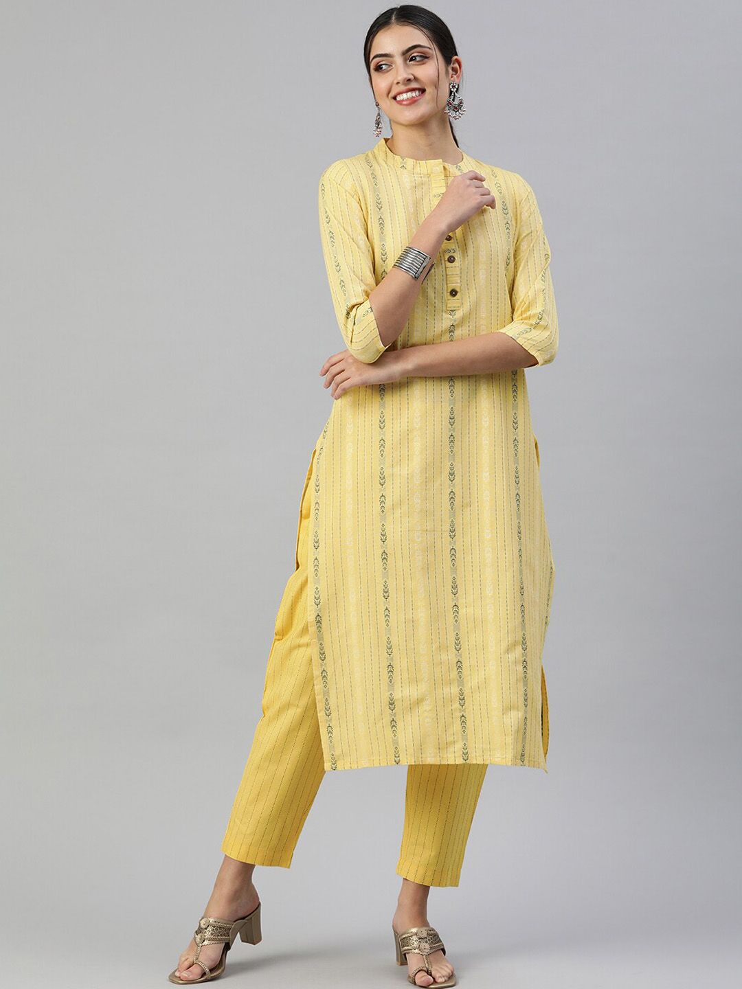 KALINI Striped Band Collar Straight Kurta with Trousers