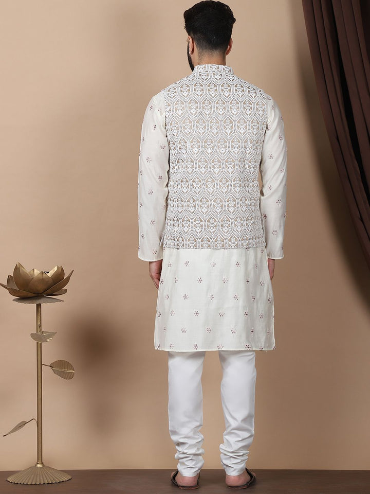 Anouk Cream-Coloured Floral Embroidered Cotton Silk Kurta with Churidar & Nehru Jacket