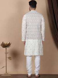 Anouk Cream-Coloured Floral Embroidered Cotton Silk Kurta with Churidar & Nehru Jacket
