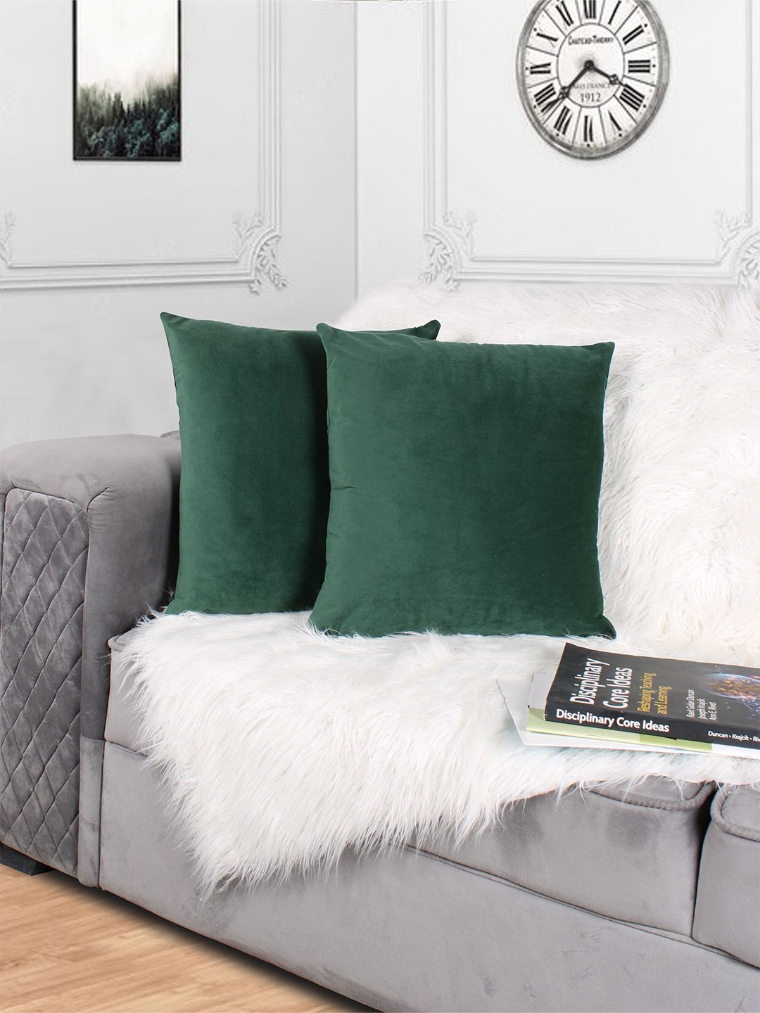 STITCHNEST Green 2 Pieces Velvet Square Cushion Covers