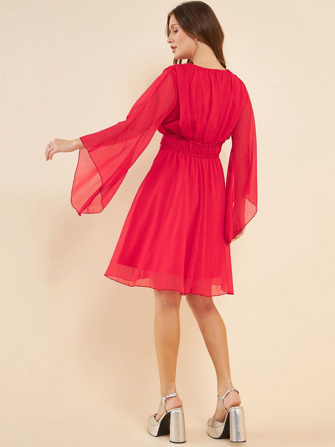 Antheaa Red V-Neck Flared Sleeve Sequinned Fit & Flare Dress