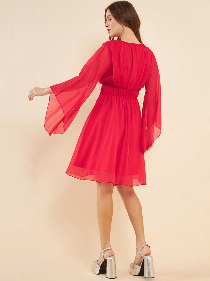 Antheaa Red V-Neck Flared Sleeve Sequinned Fit & Flare Dress