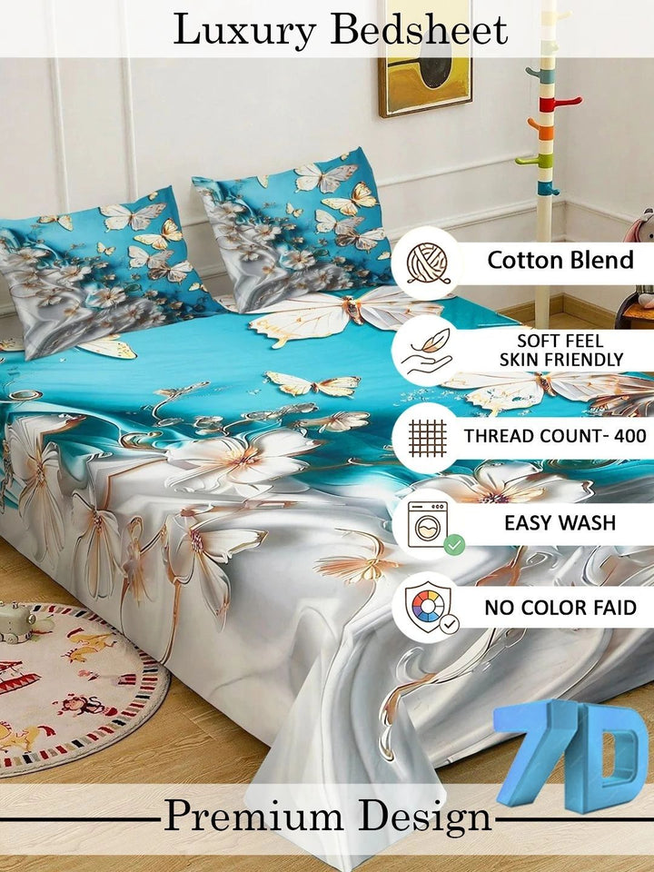Myntra Elegant Homes Blue & Grey Floral 400 TC King Bedsheet with 2 Pillow Covers
