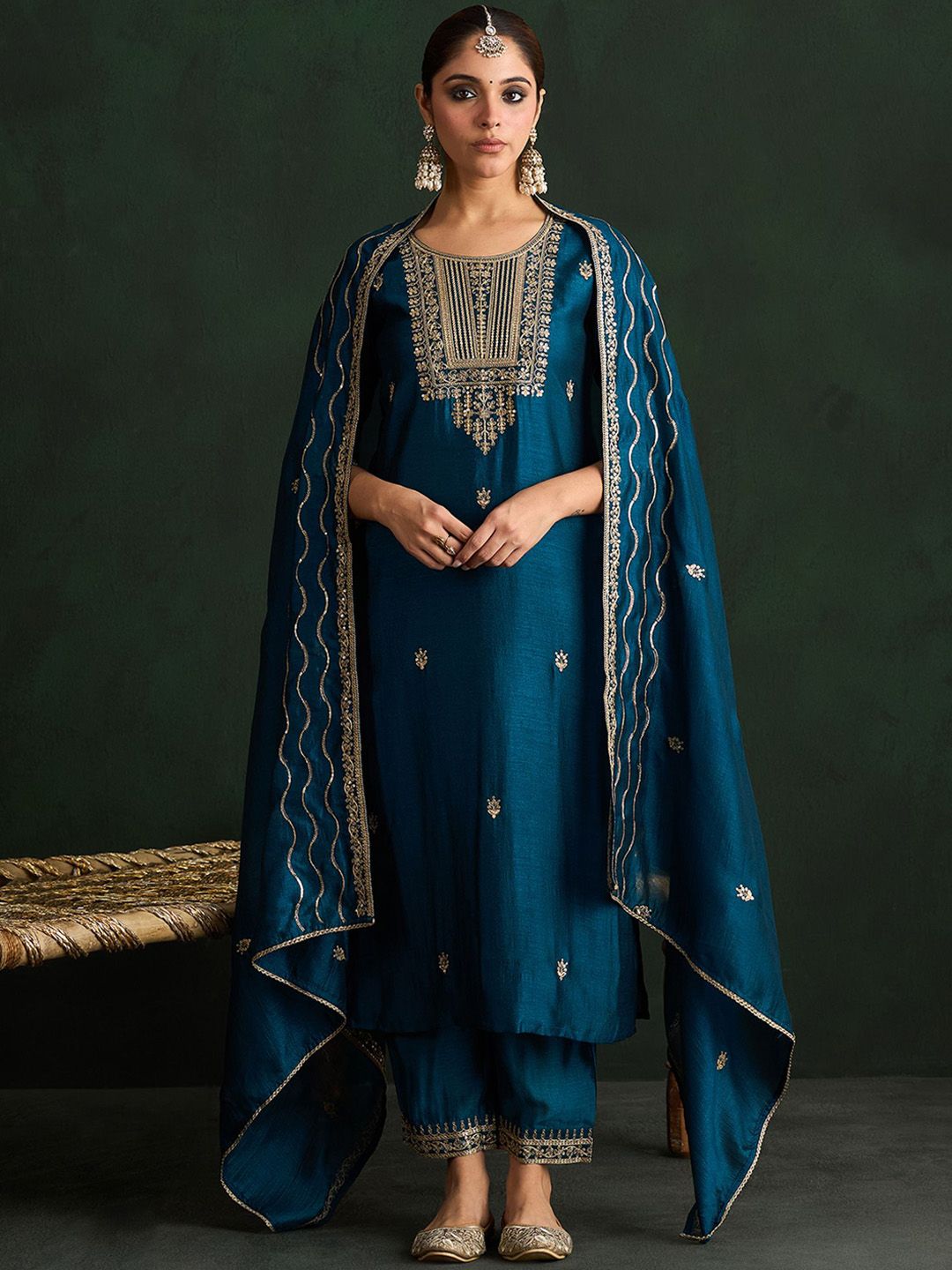 Indo Era Women Ethnic Motifs Embroidered Regular Kurta with Trousers & With Dupatta