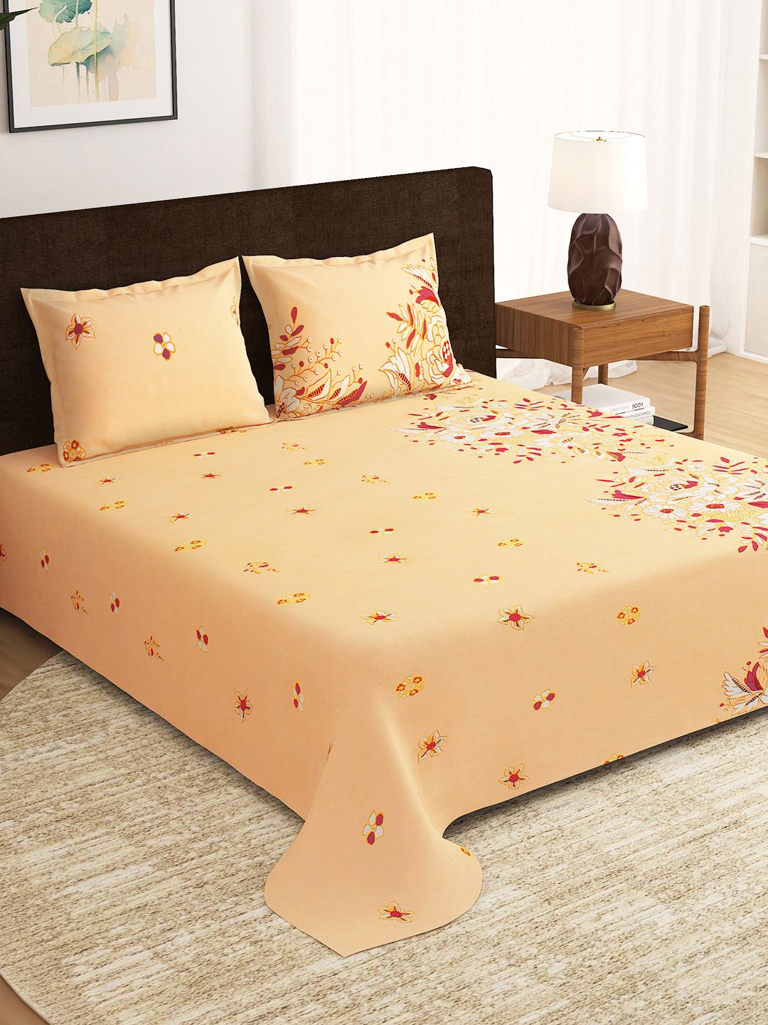 Story@home Orange Red Floral 210 TC King Bedsheet with 2 Pillow Covers