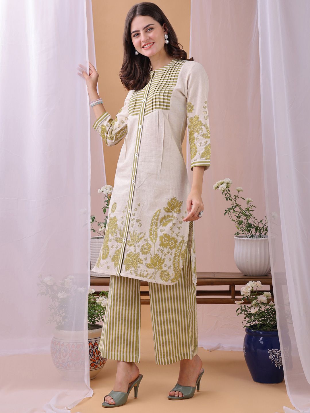 KALINI WomenParrot Green Floral Printed Pure Flex Cotton Co-ord Set