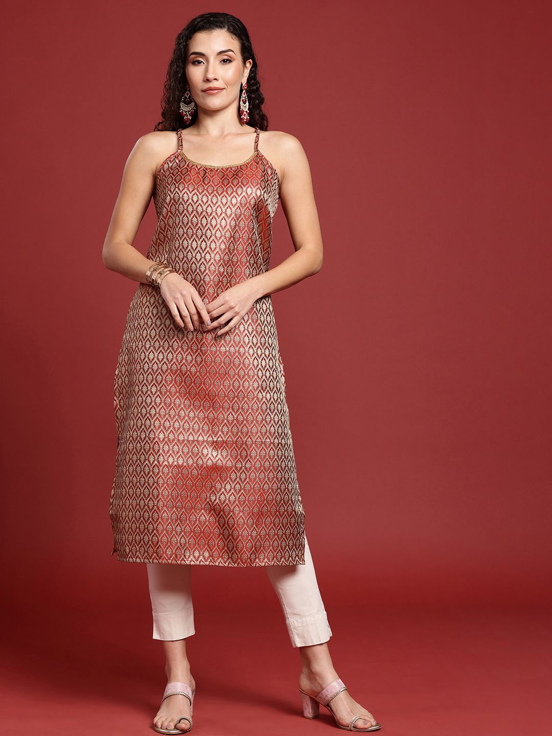 Anouk Ethnic Motifs Woven Design Straight Sleeveless Kurta