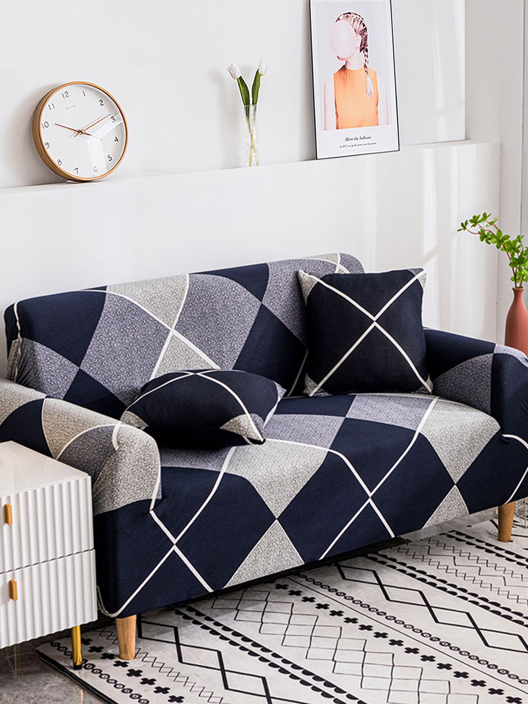 Story@home Navy Blue & Grey Printed 3 Seater Stretchable Sofa Cover With Arms