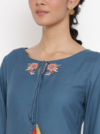 W Women Teal Flared Sleeves Thread Work Kurta
