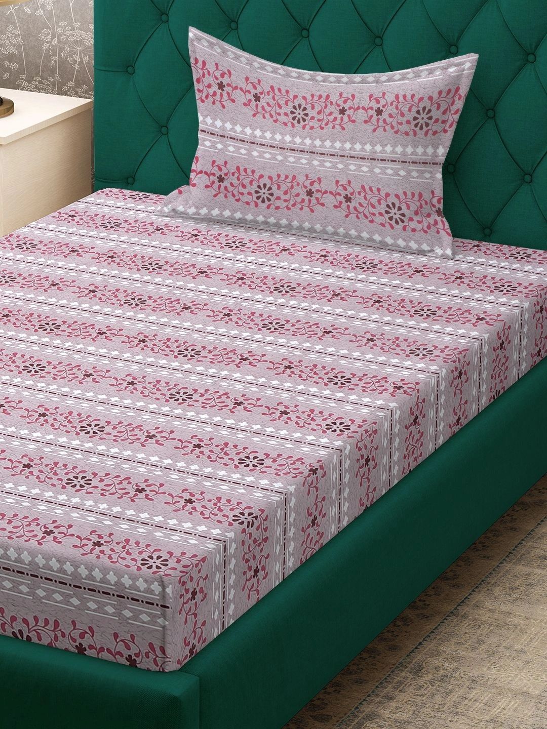 Myntra Elegant Homes Pink Floral 400 TC Single Bedsheet with 1 Pillow Covers