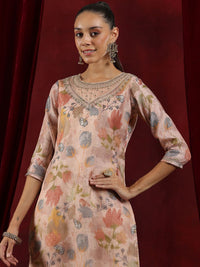 Libas Floral Printed Round Neck Regular Thread Work Organza Kurta With Trousers & Dupatta