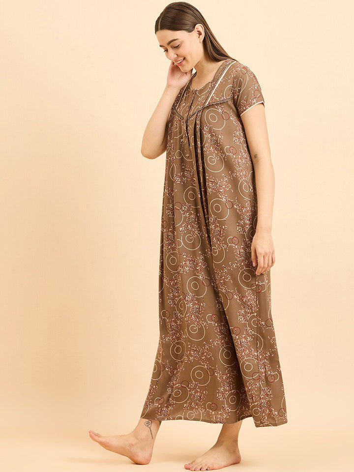 Sweet Dreams Brown Pure Cotton Printed Maxi Nightdress