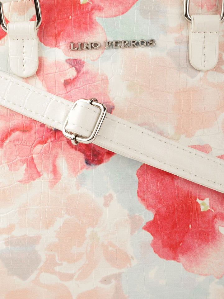 Lino Perros Pink & Off White Floral Printed PU Structured Handheld Bag
