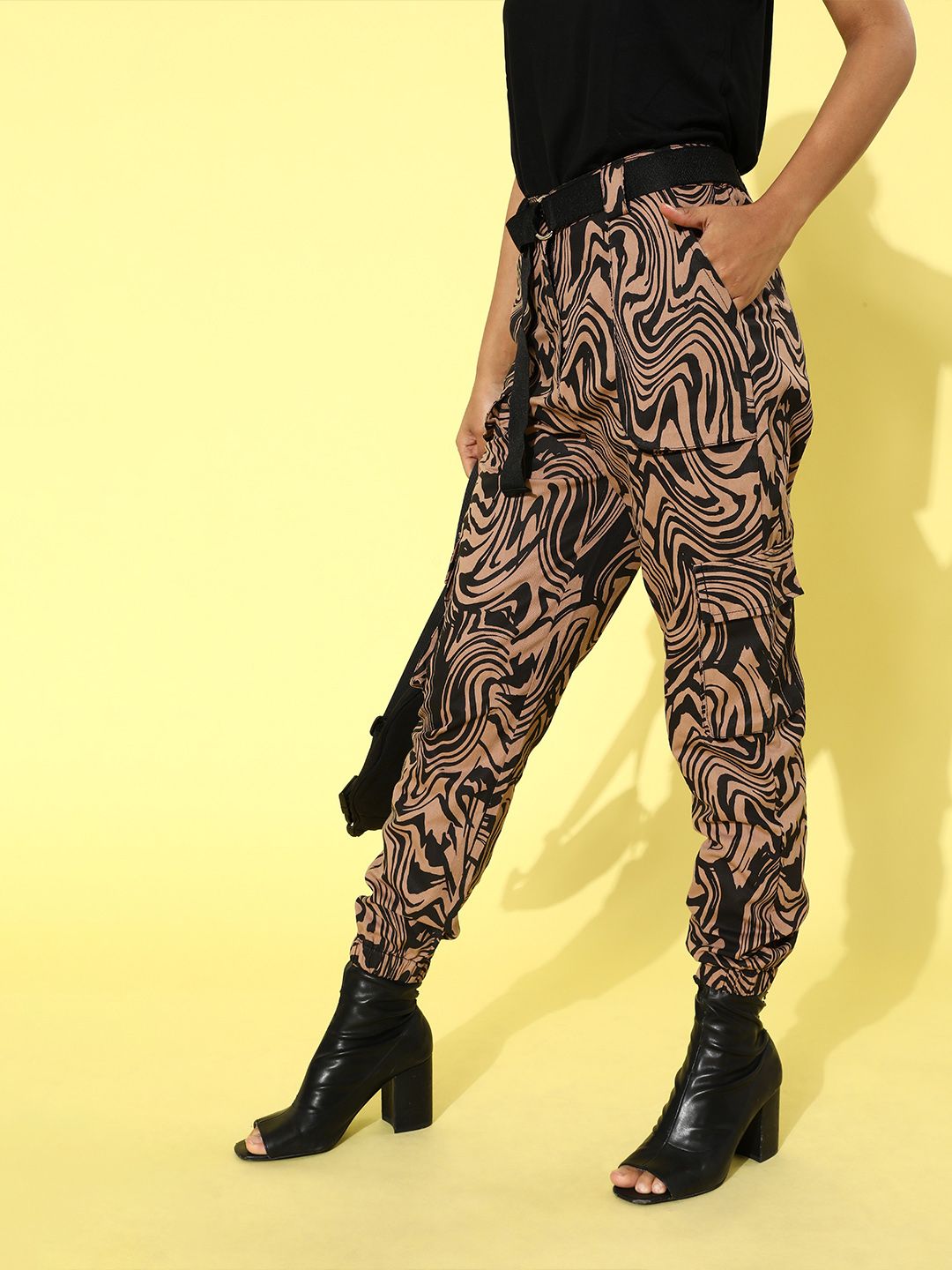 STREET 9 Women Classy Beige Abstract Cargo Trousers