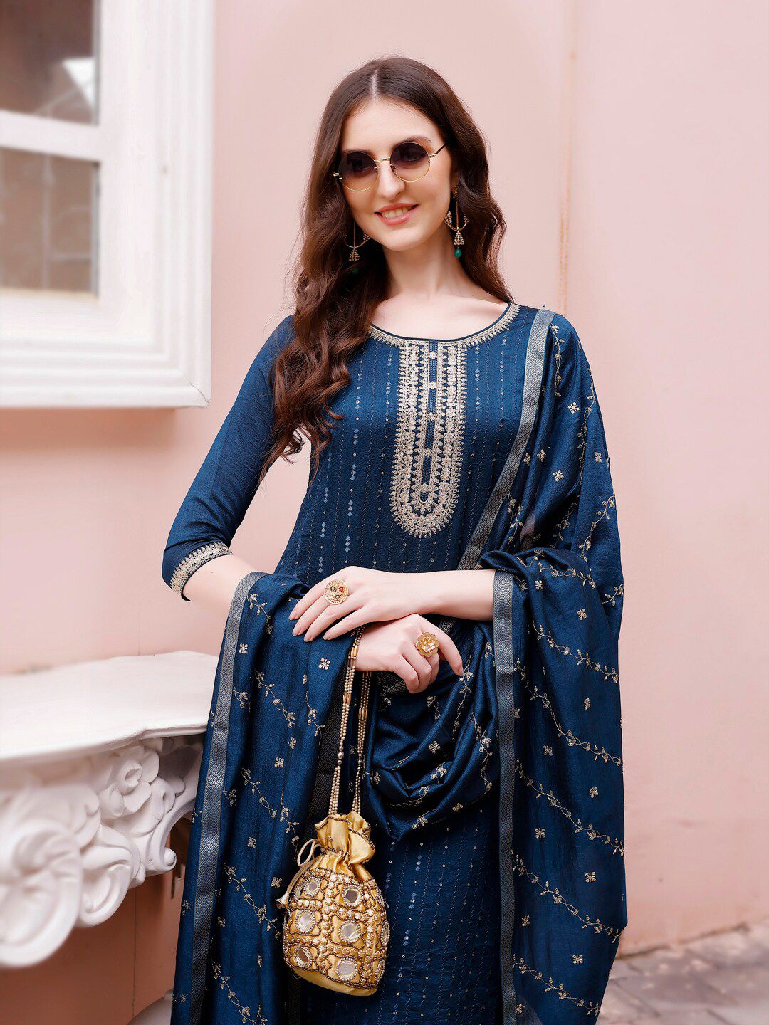 KALINI Embroidered Round Neck Straight Kurta & Trousers With Dupatta