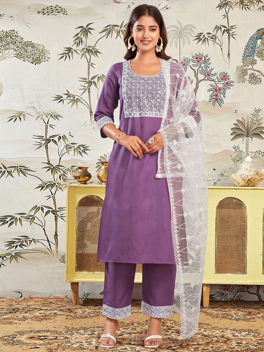 KALINI Floral Yoke Design Sequinned Straight Kurta with Trousers & Dupatta