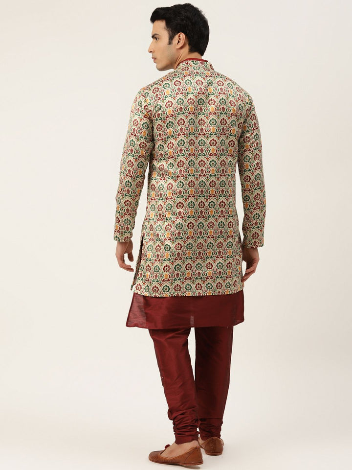 SOJANYA Kurta Solid Maroon Lelaki dengan Jaket Churidar & Printed