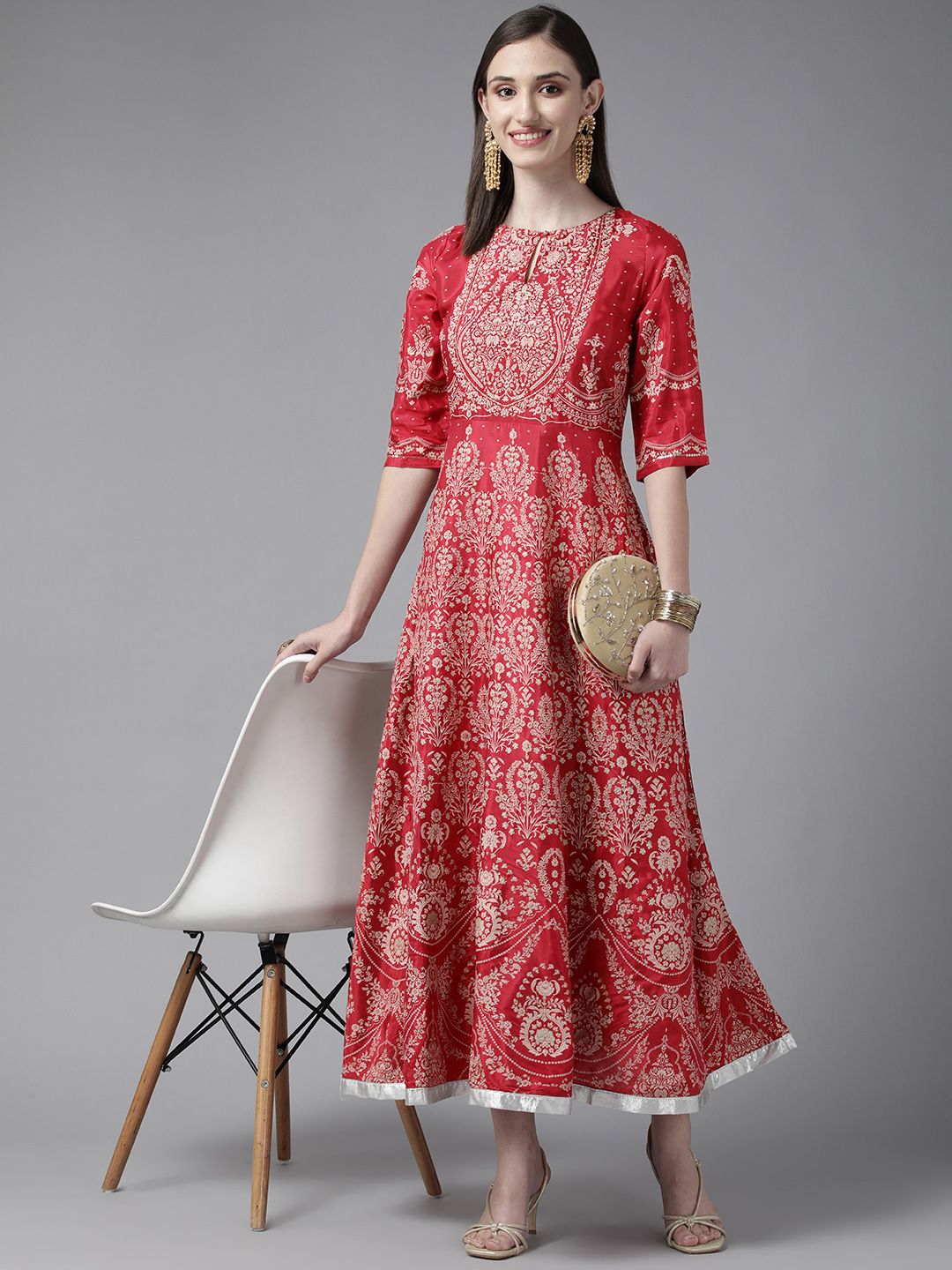 W Maroon & Gold-Toned Ethnic Motifs Keyhole Neck Ethnic A-Line Midi Dress