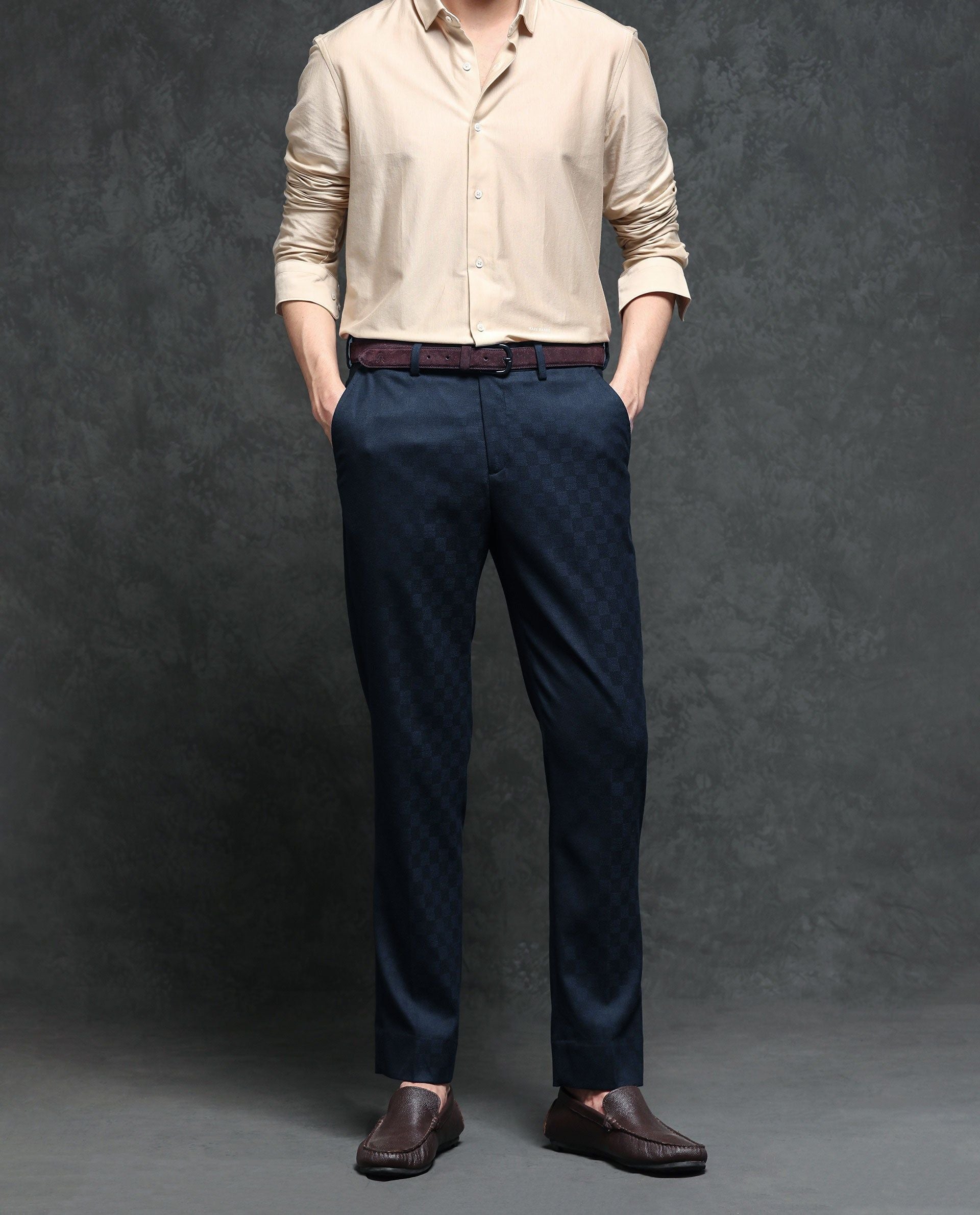 RARE RABBIT Men Navy Blue Slim Fit Trousers