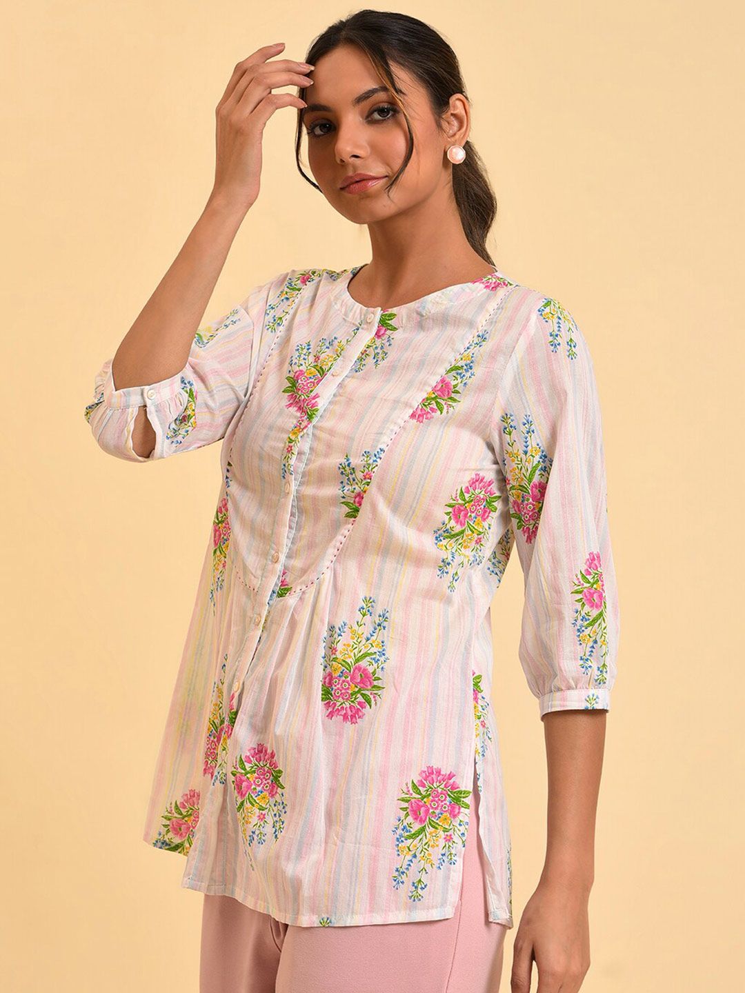 W White Floral Printed Round Neck Cotton Top