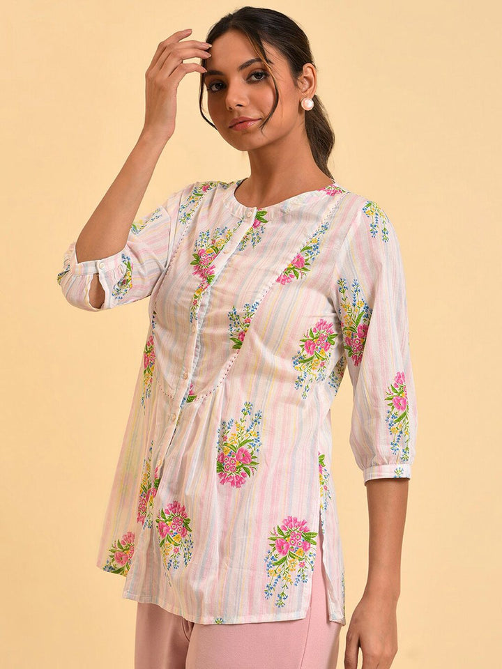 W White Floral Printed Round Neck Cotton Top