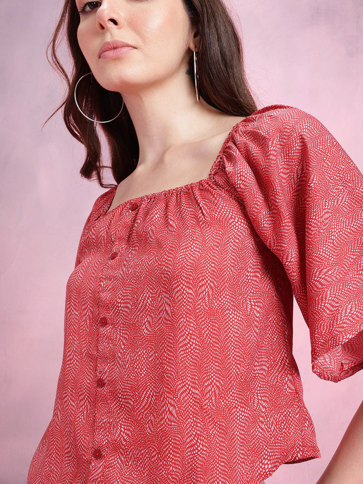DressBerry Abstract Print Puff Sleeves Square Neck Button-Up Top