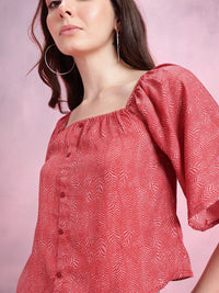 DressBerry Abstract Print Puff Sleeves Square Neck Button-Up Top