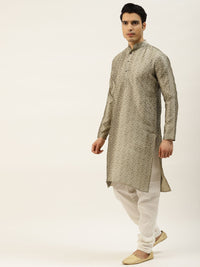 SOJANYA Men Grey Ethnic Motifs Woven Design Kurta with Churidar & Nehru Jacket