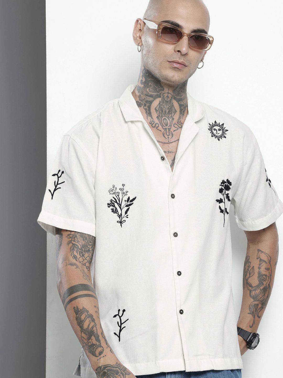 The Indian Garage Co Pure Cotton Floral Embroidered Drop-Shoulder Relaxed Casual Shirt