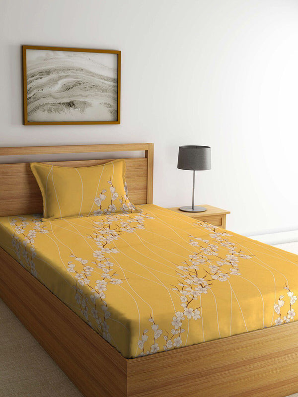 KLOTTHE Yellow & White Floral-Printed 400TC Pure-Cotton Fitted Single Bedsheet Set