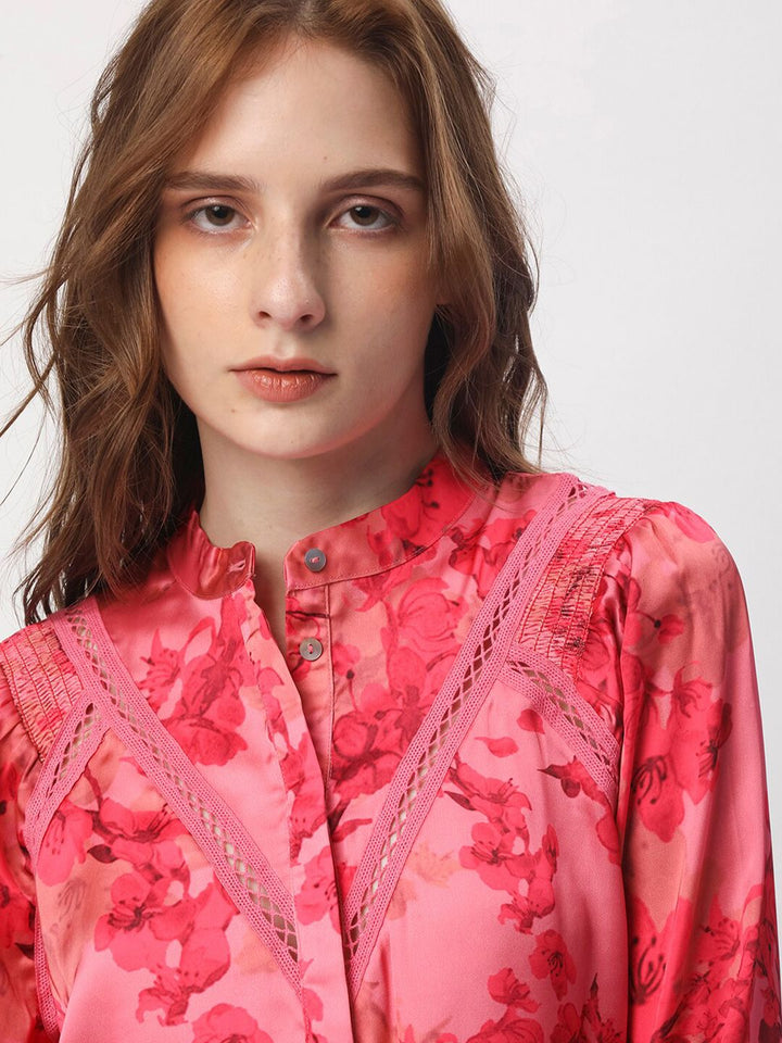 RAREISM Floral Printed Mandarin Collar Cuffed Sleeves Styled Back Top