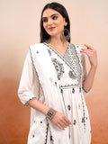Vishudh Off White Floral Embroidered Pure Cotton Anarkali Kurta With Trousers & Dupatta